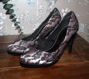 BNWT GEORGE Black Gold Lace Court Heels Stilettos Platform Slip-ons UK 5 EU 38 - Picture 1 of 15