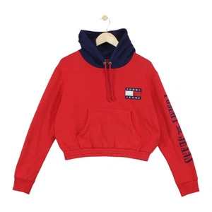 Tommy Hilfiger Cropped Hoodie Womens Size L Red Oversized Relaxed Fit - Picture 1 of 15