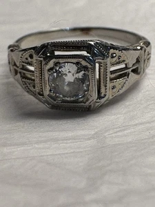 Antique Art Deco 18kt White Gold Filigree Diamond Ring • Old European Cut • Sz 5 - Picture 1 of 6