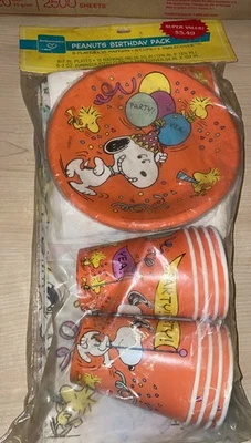 NOS Snoopy Peanuts Hallmark Birthday Party Yea Plates Cups Napkins Table Cover - Image 1 of 4