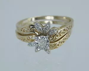 10k Gold VTG Filigree Diamond Illusion Set WEDDING SET Engagement RING Sz 6.5 - Picture 1 of 10