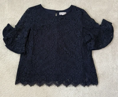 Blusa Nanette Lepore Azul Marino Superposición de Encaje Manga 3/4 Largo Volantes Talla XL Foto 1 de 4