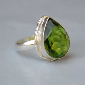 Natural Green Peridot Gemstone Ring 925 Sterling Silver Unique Ring Gift For Her - Picture 1 of 10
