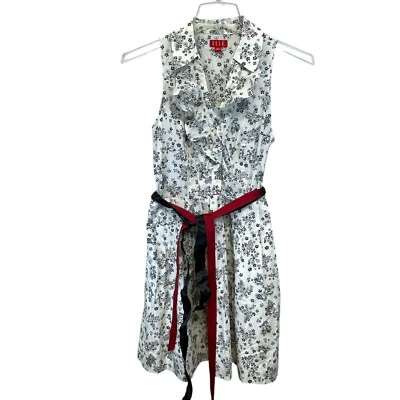 Elle Woman's White Black Fit&Flare Dress Sz 10 Ribbon Tie Belt Lined Floral New - Image 1 of 4