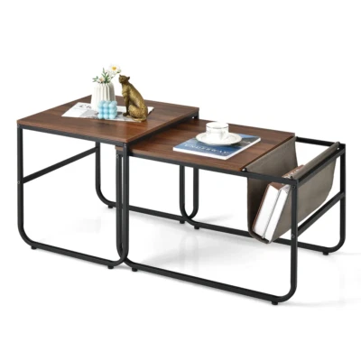 Set of 2 Industrial Stackable Side Table Nesting Coffee Table w/ Magazine Holder - Image 1 of 4