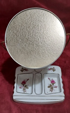 Vintage Floral Ceramic Standing Swivel Makeup Mirror 1950s-1960s With Tray Japan Cover