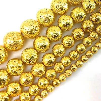 Cuentas redondas de lava titanio volcánico natural 4 6 8 10 12 recubiertas metálicas 15" filamento Foto 1 de 4