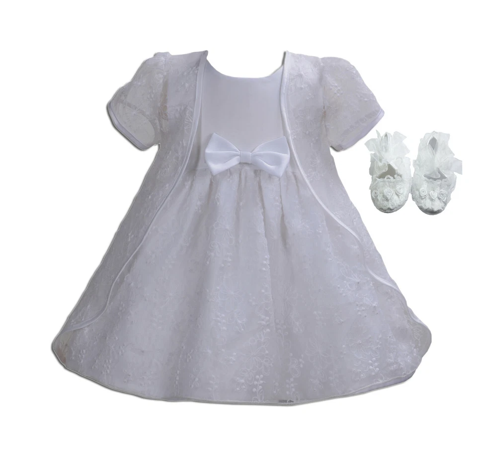 CINDA Mädchen Taufen Party Kleid Umhang und Schuhe weiß elfenbein 0 3 6 9 12 18 Monate