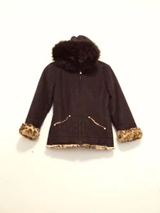 Arizona Girls Black Faux Suede Faux Fur Lined Zip Pockets Hood Jacket Sz 10/12 - Picture 1 of 17