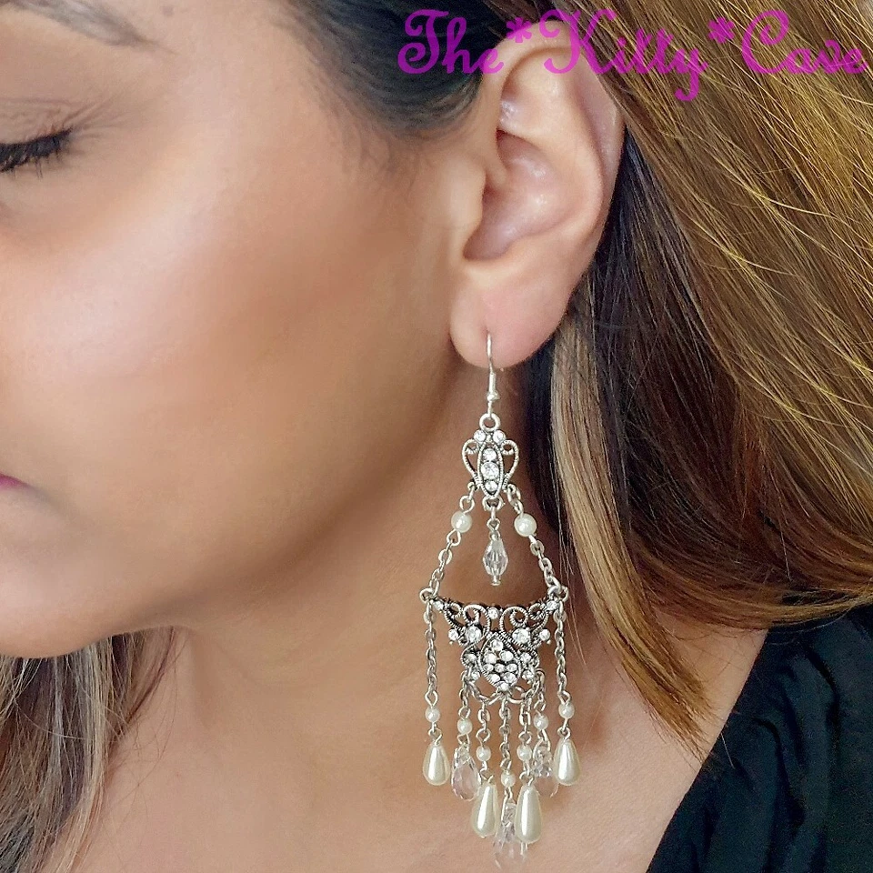 Elegant Silver Scroll, Sparkling Swarovski Crystal Long Chandelier Deco Earrings - Image 1 of 4