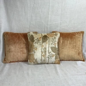 Set 3 Throw Pillows Vintage Tan Orange Square Velvet Retro MCM 11” - Picture 1 of 8