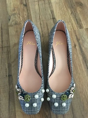 Nuevos zapatos de salón J Crew de tacón bloque en cuadros adornados blanco azul negro talla 7 K0008 Foto 1 de 4
