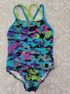 Speedo 6 Girl One Piece Swimsuit Paint Splatter Neon Green Blue Purple Pink - Picture 1 of 5