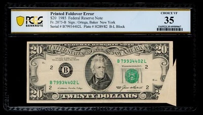 Printed Foldover Error 1985 $20 Federal Reserve Note PCGS VF 35 - Image 1 of 2