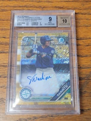 2019 Bowman 1st Chrome Prospects Noelvi Marte Auto GOLD Shimmer /50 Bgs 9/10 - Image 1 of 2