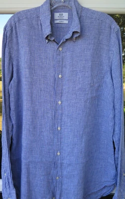 Boggi Milano Mens Pure Linen Blue White Mini-Checks Slim Fit Casual Shirt Medium - Image 1 of 4