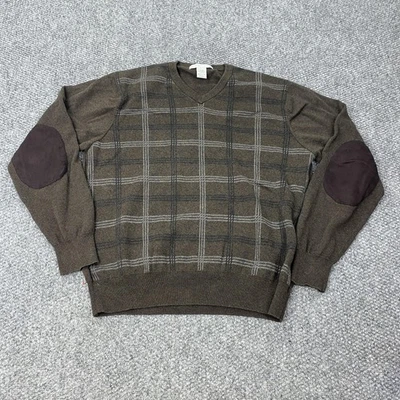 Geoffrey Beene Sweater Mens Large Brown V Neck Plaid Elbow Patches Cotton Knit - Image 1 of 4