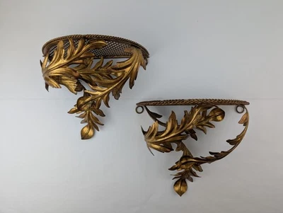 Vtg Pair Of Italian Tole Gilt Wall Shelf Sconces Hollywood Regency Toleware RARE - Image 1 of 4