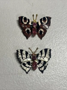 2er Set Tschechische Schmetterling Brosche handbemalt Emaille rosa Strass Vintage - Bild 1 von 5