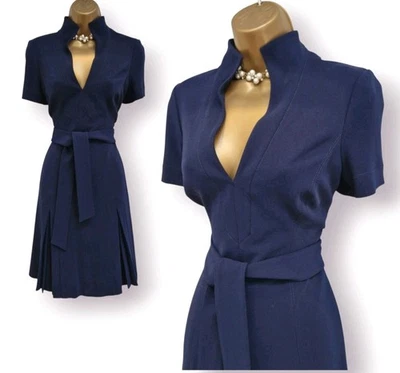 Karen Millen UK 12 Navy Blue Mandarin High Neck Fit And Flare Occasion Dress - Image 1 of 4