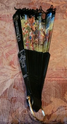 Vintage FAN Puerto Rico Black Lace Border Colorful Unique Hand Held Fan  - Image 1 of 4
