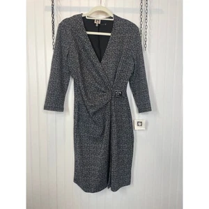 NWT Anne Klein Black & White Buckle Ruched Mini Wrap Dress Office Career Size 6 - Picture 1 of 8