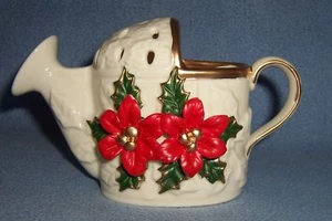 White porcelain Christmas POINSETTIA Watering Can VASE - Picture 1 of 3