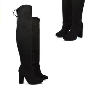 Womens Thigh High Boots Ladies Stretch Calf Above Knee Drawstring Shoes Size 3-8 - Picture 1 of 10