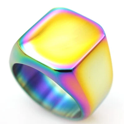 Vintage Square Rainbow Plated Wedding Ring Titanium Men Women Biker Pinky Ring - Image 1 of 4