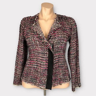 Carlisle Womens Pink Blue Tweed Blazer Jacket Zip Front Black Suede Back size 16 - Image 1 of 4