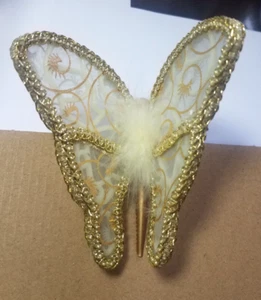VINTAGE HANDCRAFTED BUTTERFLY HAIR CLIP FEATHER GOLD TONE THREAD EDGE FASHION - Picture 1 of 10