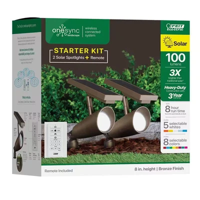 Feit OneSync Solar LED Outdoor Spotlights Bronze 100lm RGB+CCT Remote 2-Pack - Image 1 of 4