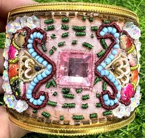 Cleopatra Cuff Bracelet Extra Wide Bangle Brass Metal Spring Shut Beaded VINTAGE - Picture 1 of 17