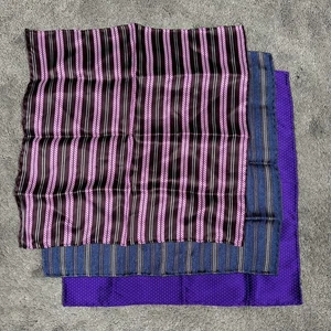 Silk Pocket Squares Mens One Size (Set of 3) Purple Blue Striped Handmade Italy - Picture 1 of 7