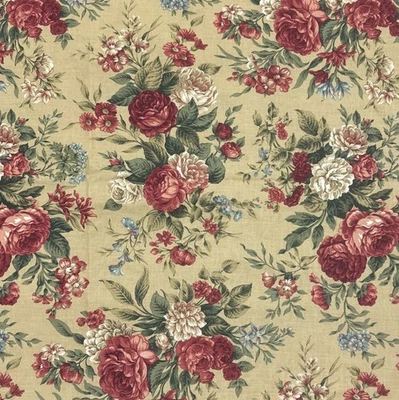 Red Green Ivory Rose Floral Gold Cotton Fabric Cranston .75Y #20 - Image 1 of 4