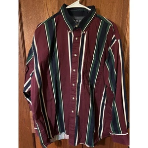 Vtg  90s TRADER BAY Mens XL Burgundy Green Stripe Button Down Shirt LS Cotton - Picture 1 of 4
