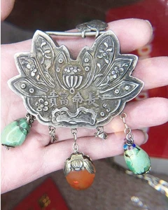Antike chinesische Silber Medaillon Halskette mit Edelsteinen - Bild 1 von 22
