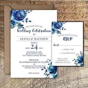 WEDDING INVITATIONS PERSONALISED Stylish Navy & Blue Floral PK 10 - Picture 1 of 1