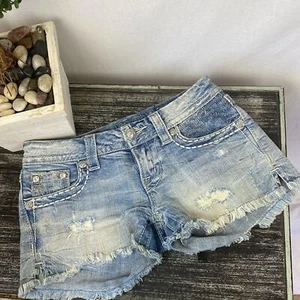Miss Me Blue Denim Jean Signature Light Wash Embellished Cutoff Frayed Shorts 25 - Picture 1 of 6