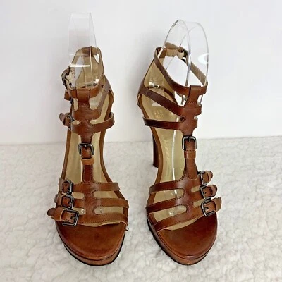 Sandalias de plataforma Stuart Weitzman para mujer de cuero marrón coñac con correa al tobillo talla 7N Foto 1 de 4