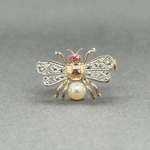 Estate Retro 17K Two Tone Gold 0.04ctw Lab Ruby & 0.01ctw H-I/SI1-2 Diamond Bee - Picture 1 of 7