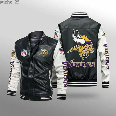 Minnesota Vikings Vintage Leather Jacket Men's Flight Bomber Coat Biker Outwear Cover