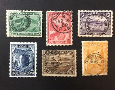 BroadviewStamps BR Tasmania #86-91 used F-VF.  Wmk 78. Perfin 'A' on #90-91. Set - Image 1 of 4
