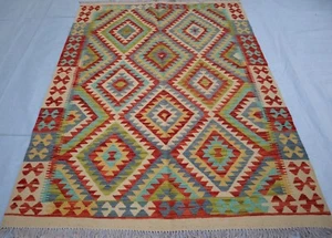 5x7 ft Afghan Kilim Rug, Handmade Blue Beige Red Living room Bedroom Area Rug - Picture 1 of 11