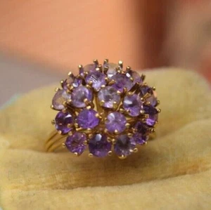 Natural Amethyst Gemstone Halo Cluster Dainty Ring 10k Solid Yellow Gold Ring - Picture 1 of 6