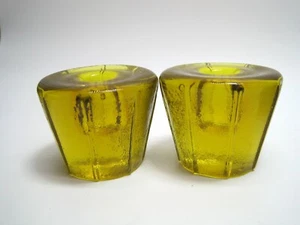 Set of 2 - Blenko Yellow Art Glass Ribbed Candle Stick Holder Swirl Heavy 3" - Picture 1 of 3