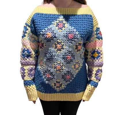 Suéter Cuadrado Abuela Crochet Hecho a Mano Para Mujer L-XL* (LEER) Pullover Azul Multi Foto 1 de 4