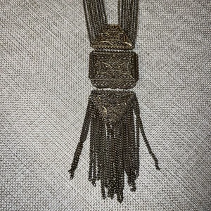 Gold Tone Multi Chain Tassel Necklace Etruscan Style Pendant Large Vintage 80’s - Picture 1 of 10
