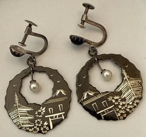 Mount Fuji Pagode Ohrhänger Schraube Emaille Sterlingsilber 950 Japan Vi - Bild 1 von 13