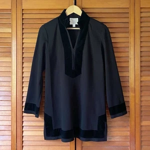 Vestido túnica Sail to Sable talla mediana negro terciopelo recortado cuello dividido preppy STS - Imagen 1 de 9